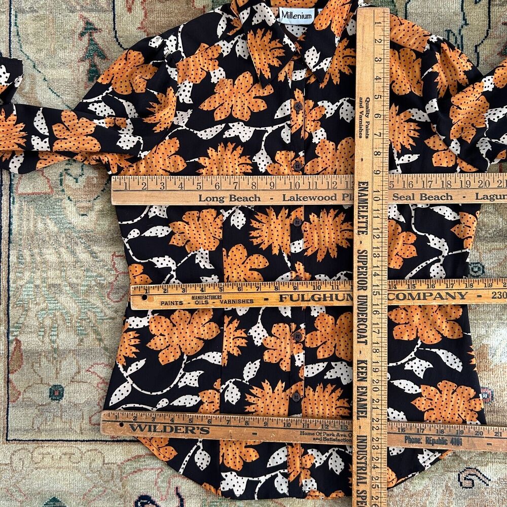 Vintage Mod Flower Blouse Women's Large Orange Brown Retro Daisey By Millenium - Picture 8 of 8